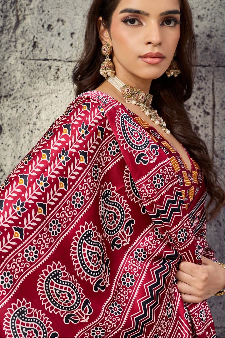Paprika Red Printed Semi Modal Satin Silk Saree