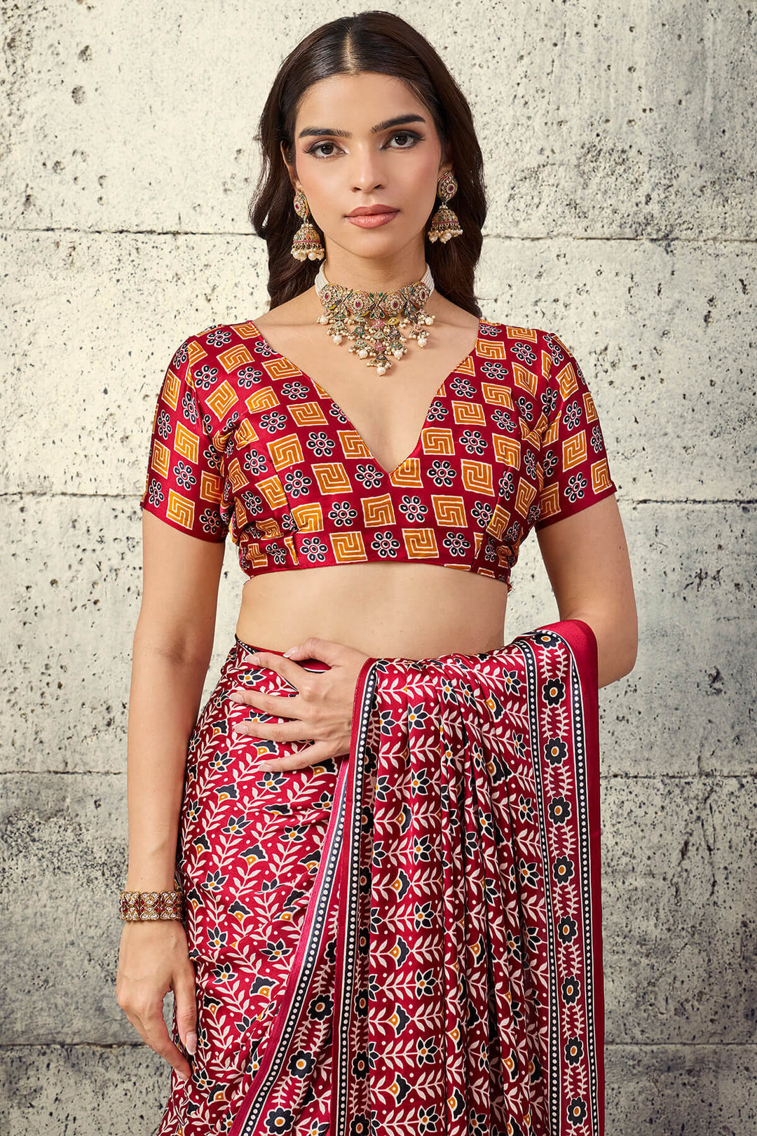 Paprika Red Printed Semi Modal Satin Silk Saree