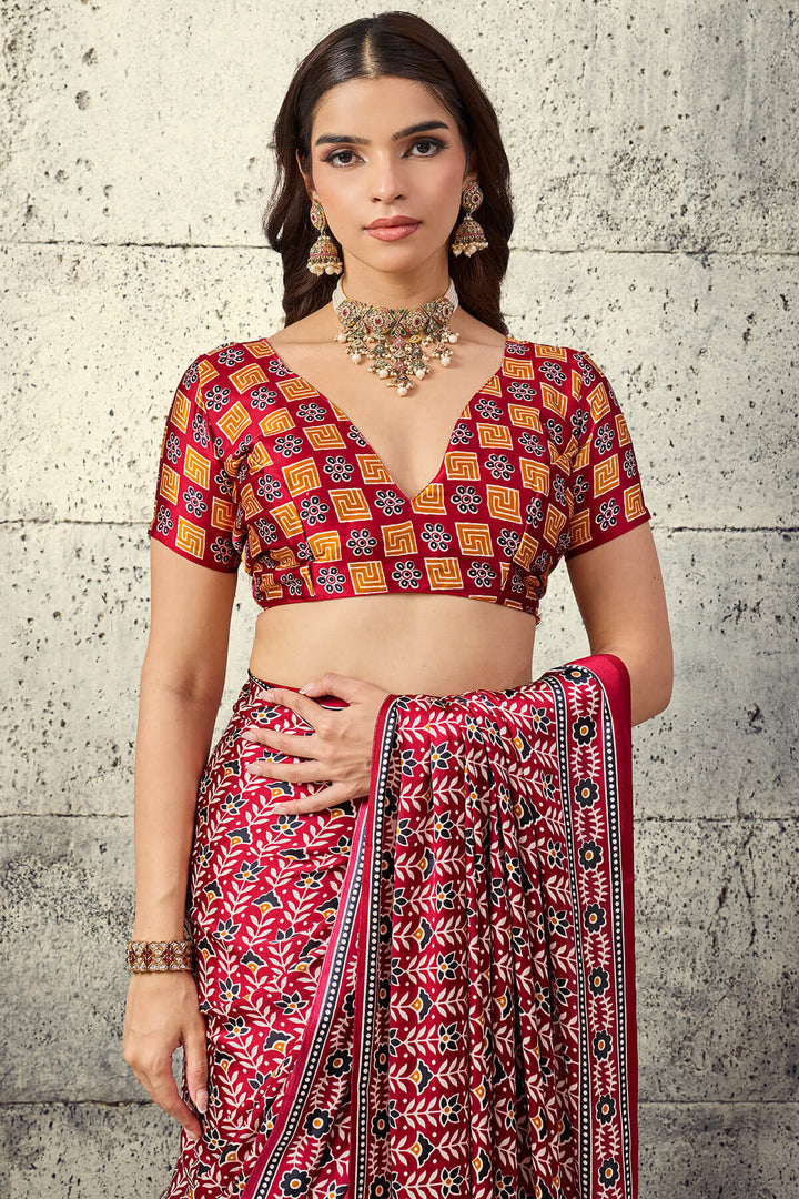 Paprika Red Printed Semi Modal Satin Silk Saree