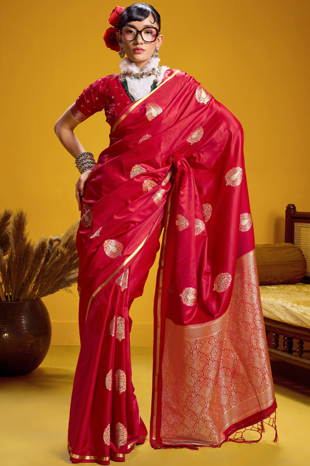 Paprika Red Zari Woven Banarasi Satin silk saree