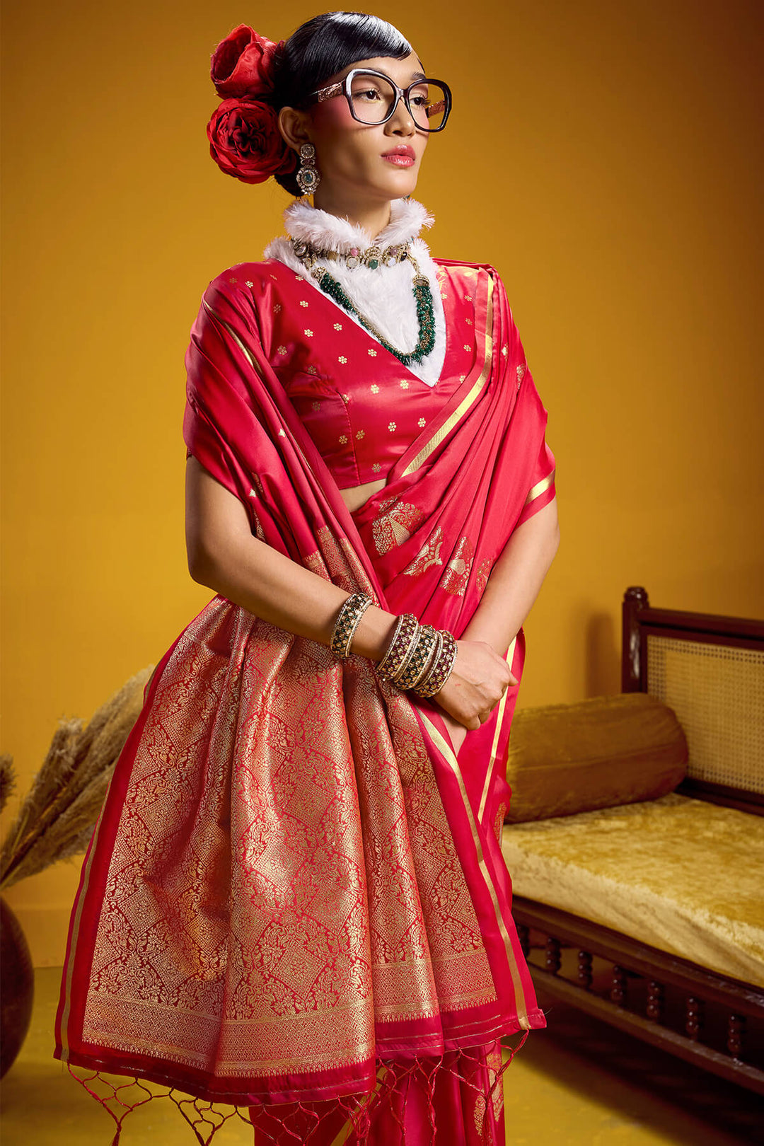 Paprika Red Zari Woven Banarasi Satin silk saree