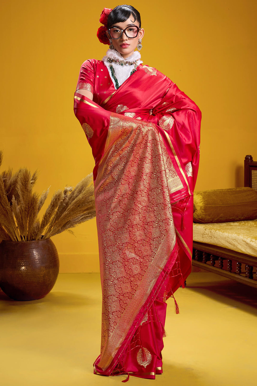 Paprika Red Zari Woven Banarasi Satin silk saree