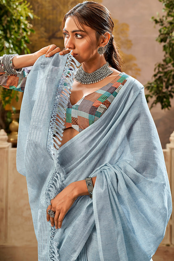 Pastel Blue Linen Cotton Silk Saree With Printed Blouse