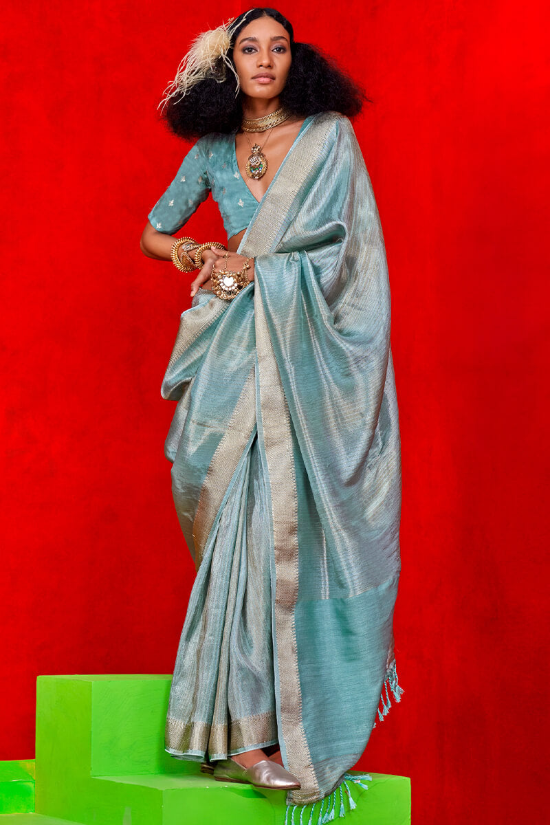 Pastel Blue Viscos Zari Tissue Silk Saree