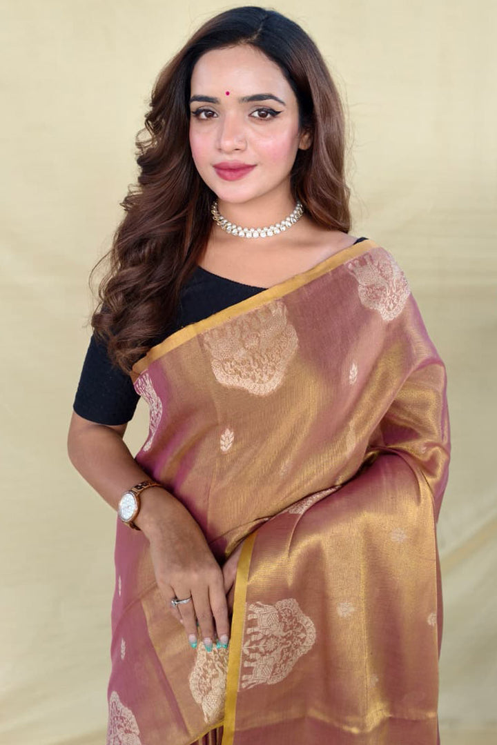 Pastel Brown Banarasi Tissue Silk Saree