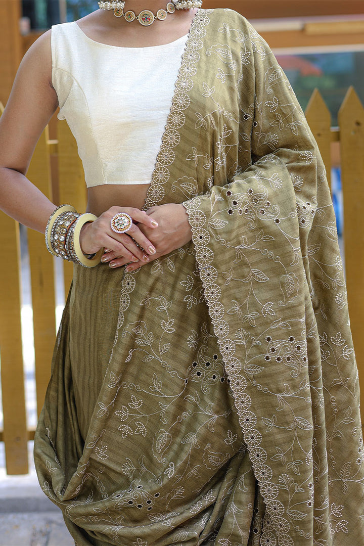 Pastel Brown Embroidered Work Soft Silk Saree