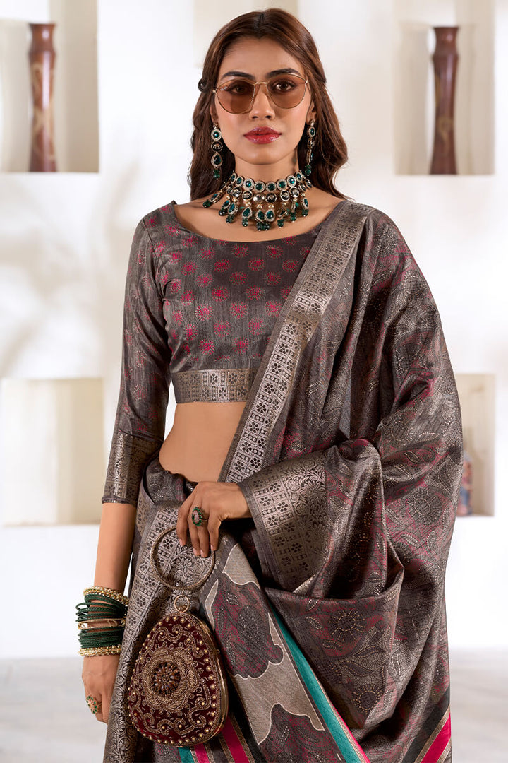 Pastel Brown Foil Printed Dola silk saree