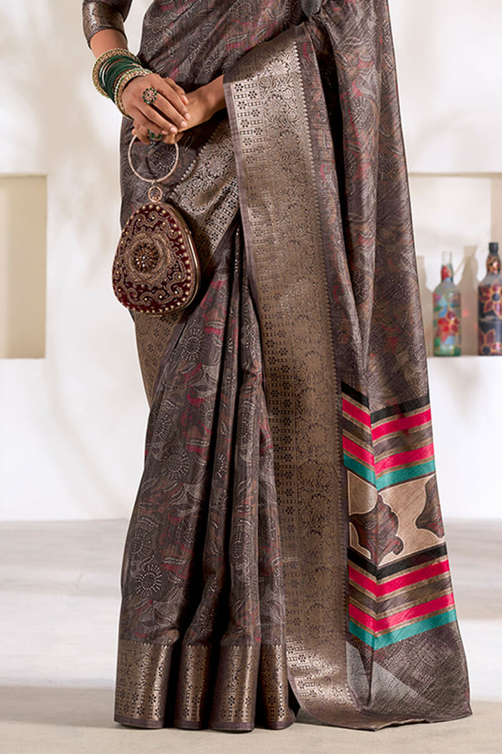 Pastel Brown Foil Printed Dola silk saree