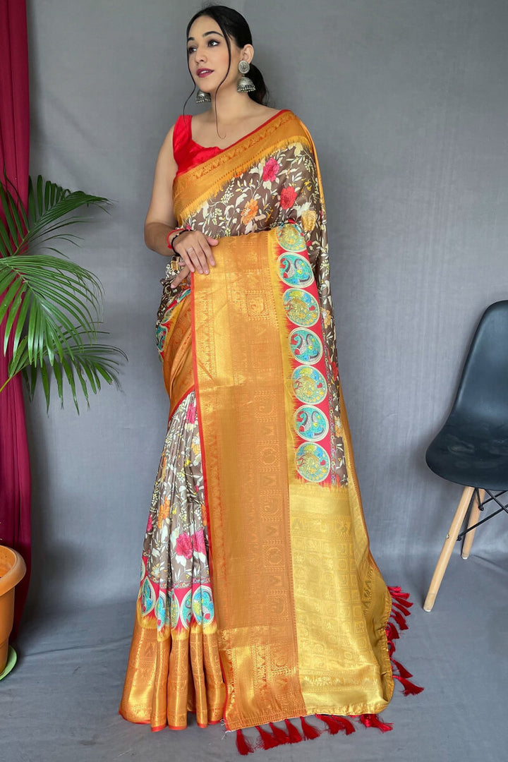 Pastel Brown Kalamkari Printed Soft Silk Saree