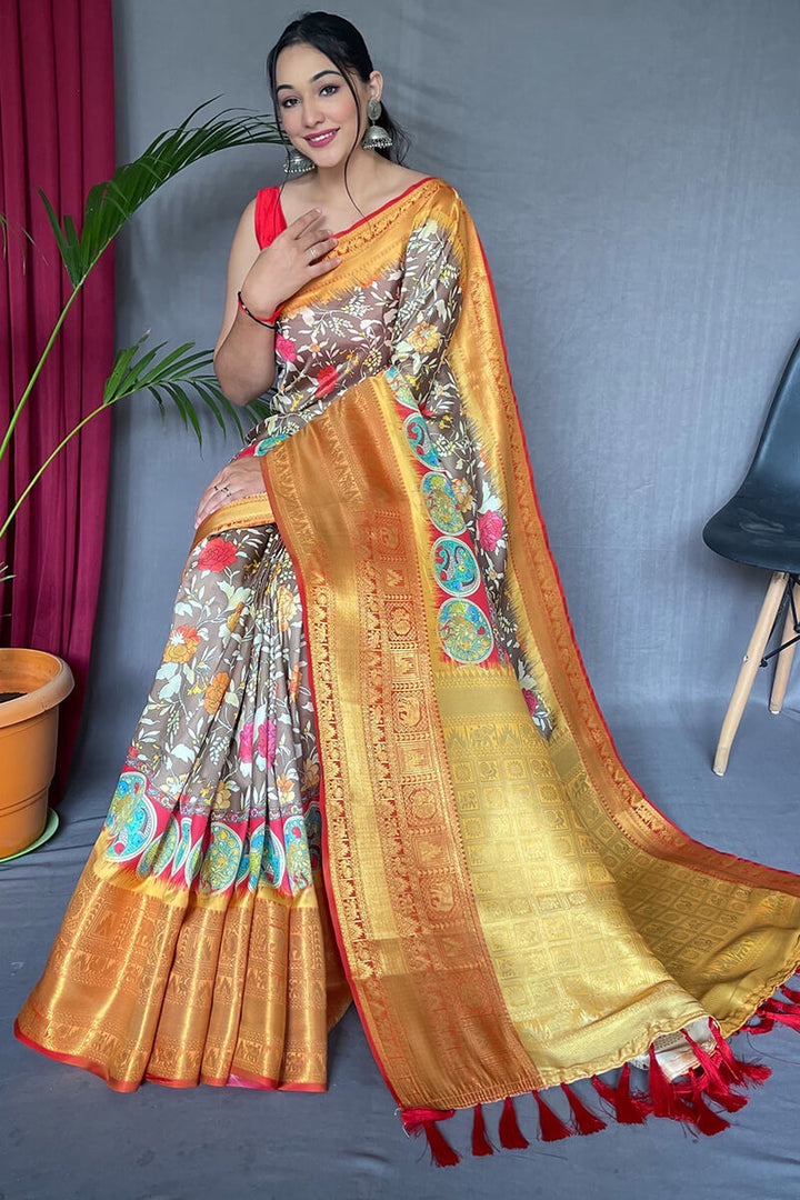 Pastel Brown Kalamkari Printed Soft Silk Saree