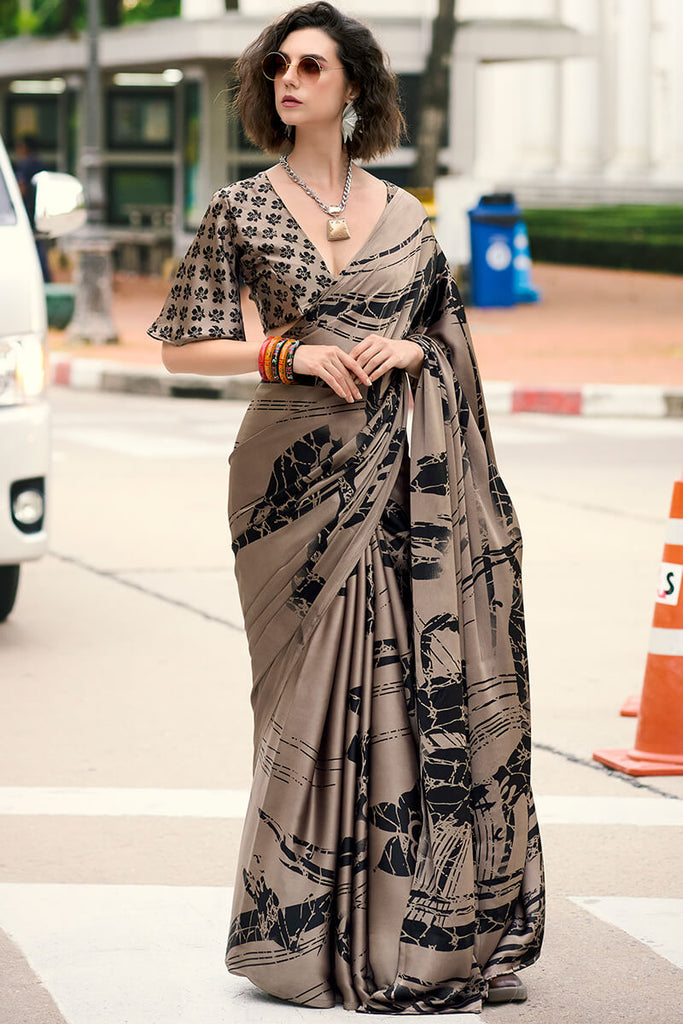 Pastel Brown Printed Satin Crape Silk Saree