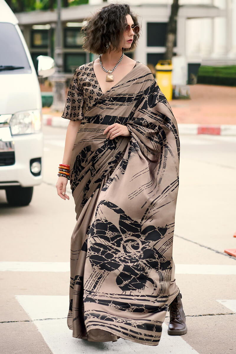 Pastel Brown Printed Satin Crape Silk Saree