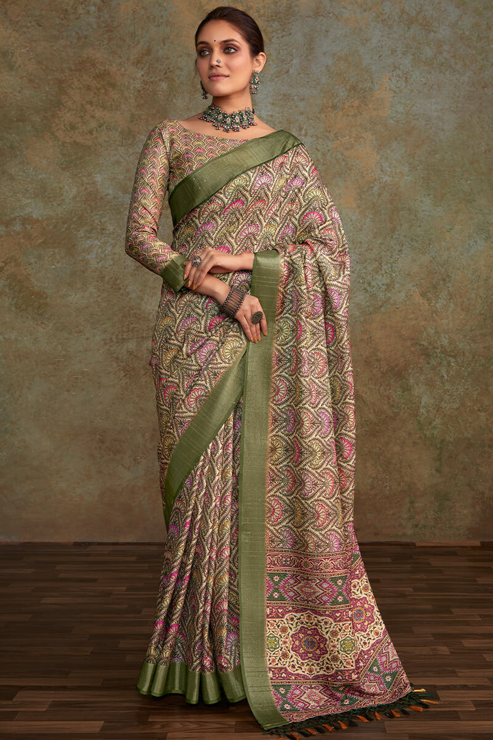 Pastel Brown Printed with Sequence Soft Silk Saree