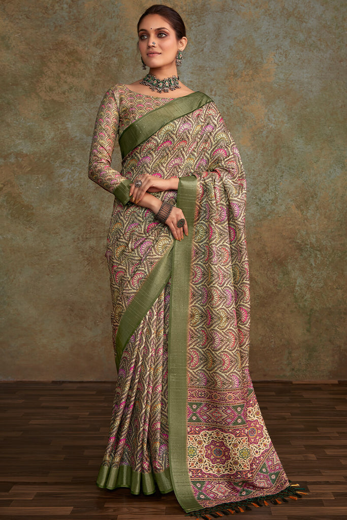 Pastel Brown Printed with Sequence Soft Silk Saree