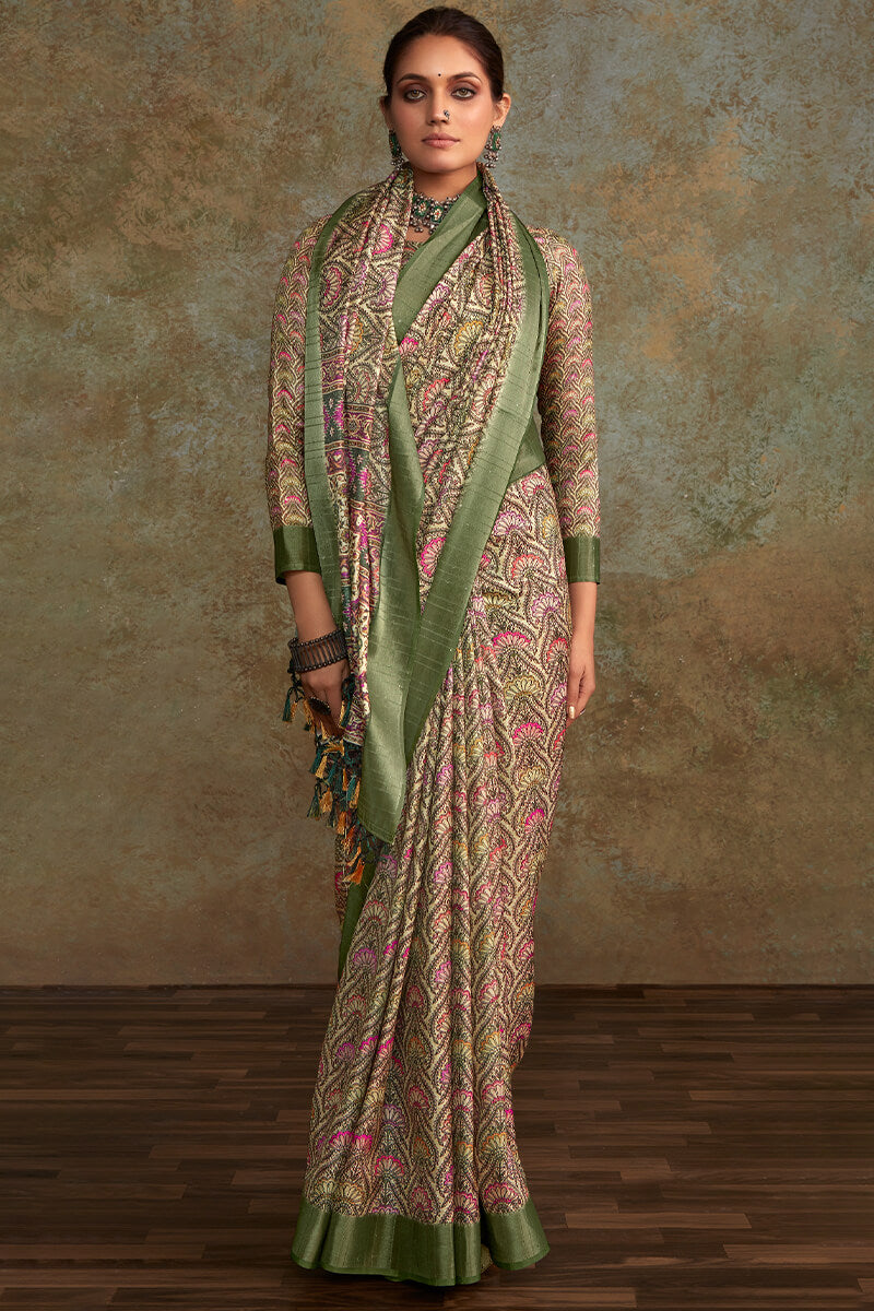 Pastel Brown Printed with Sequence Soft Silk Saree