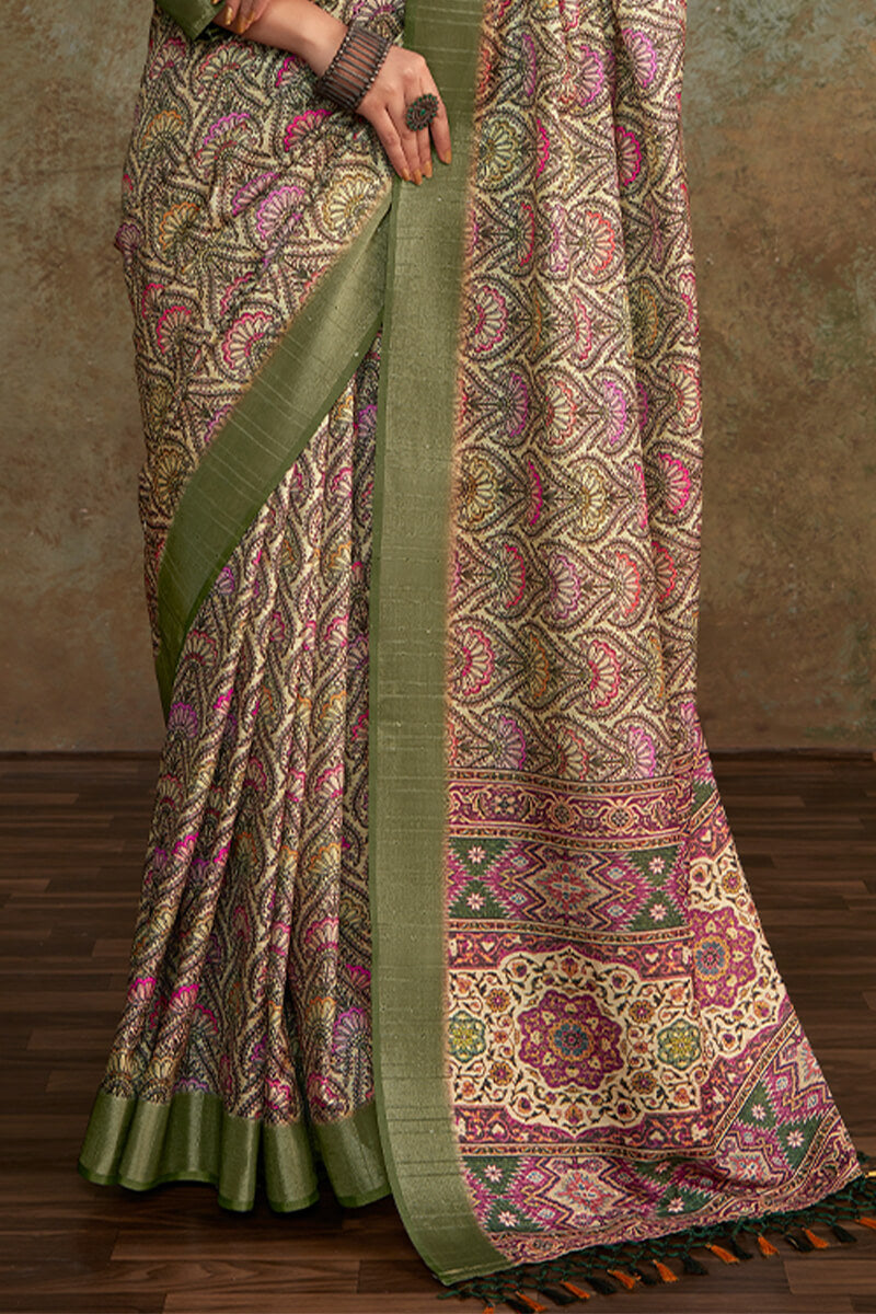 Pastel Brown Printed with Sequence Soft Silk Saree