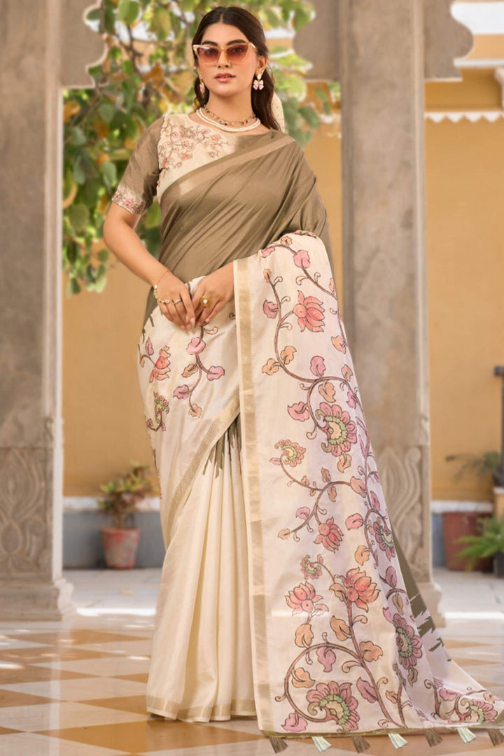 Pastel Brown Tusser Silk Saree
