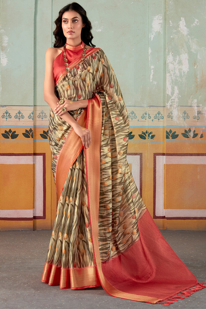 Pastel Brown Zari Woven Printed Tissue Silk Saree