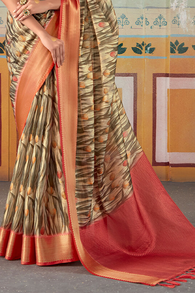 Pastel Brown Zari Woven Printed Tissue Silk Saree