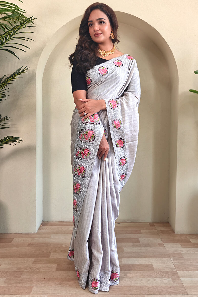 Pastel Grey Cutwork Embroidered Tussar Silk Saree