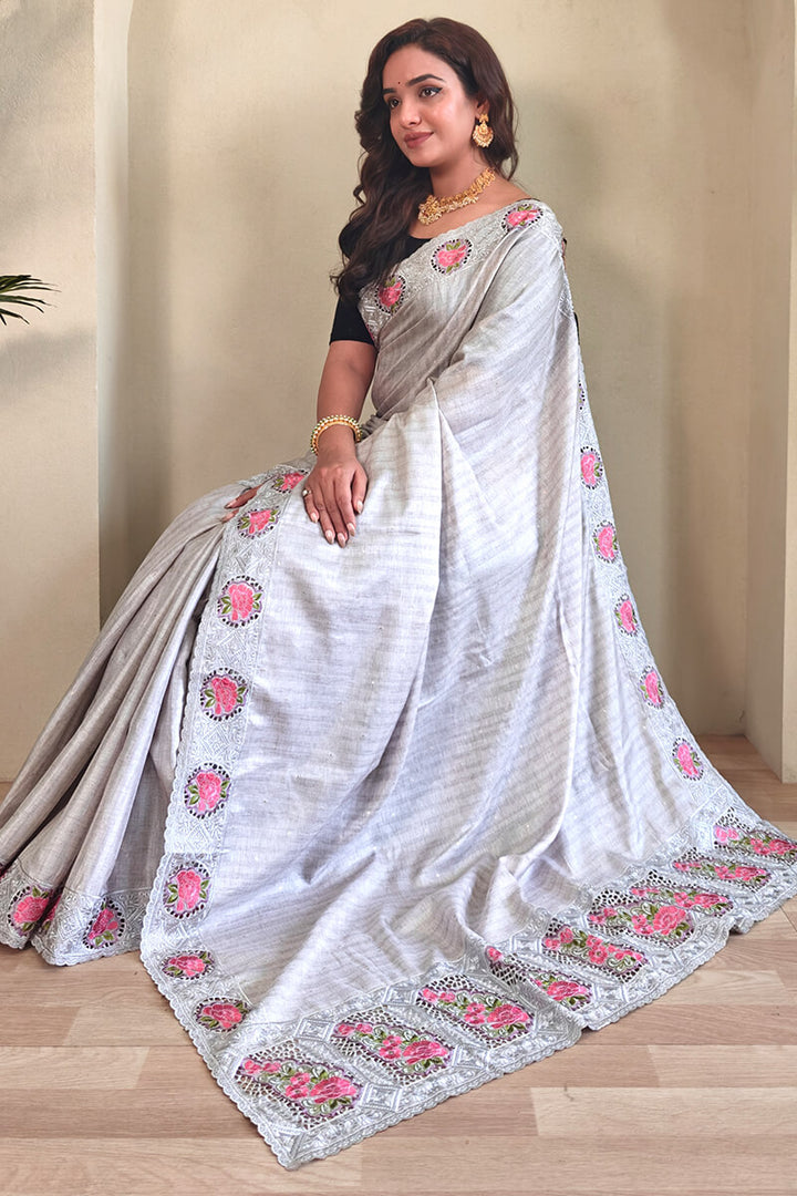 Pastel Grey Cutwork Embroidered Tussar Silk Saree