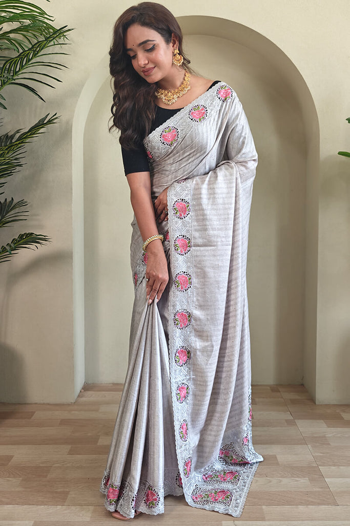 Pastel Grey Cutwork Embroidered Tussar Silk Saree