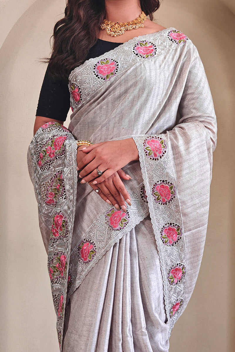 Pastel Grey Cutwork Embroidered Tussar Silk Saree