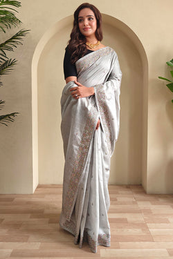 Pastel Grey Embroidered Pure Loom Tussar Silk Saree