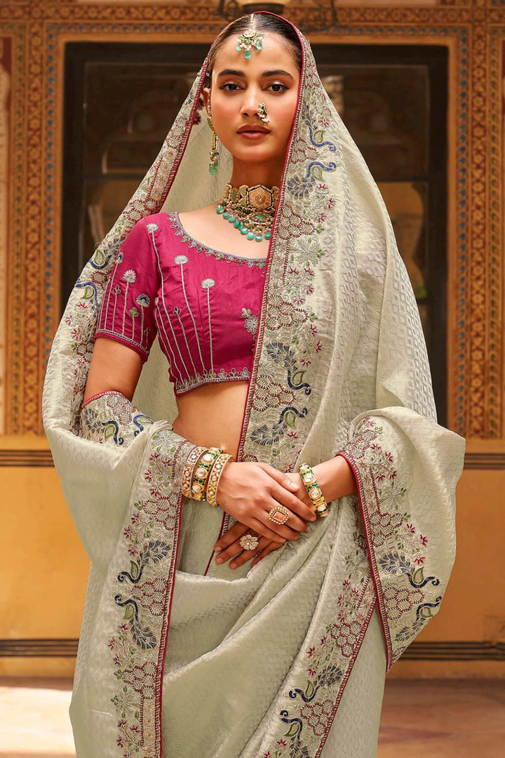 Pastel Grey Embroidery Work Tissue Silk Saree