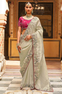 Pastel Grey Embroidery Work Tissue Silk Saree