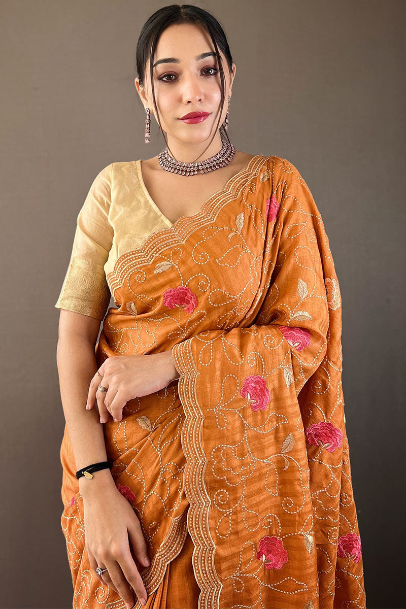 Pastel Orange Embroidered Work Tussar Silk Saree