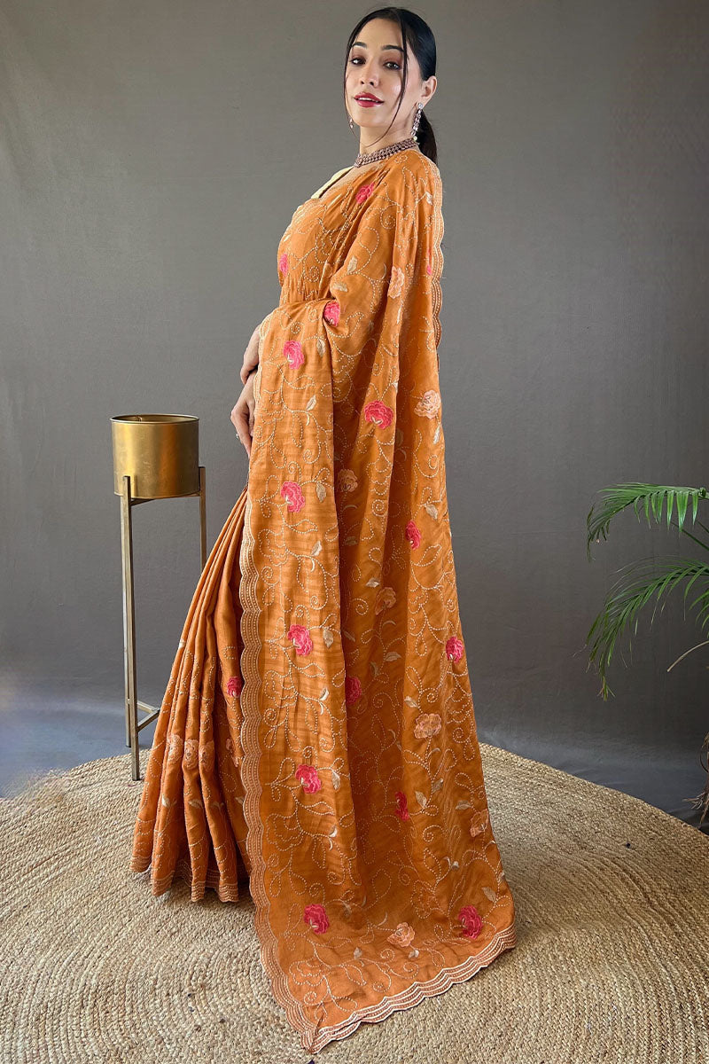 Pastel Orange Embroidered Work Tussar Silk Saree