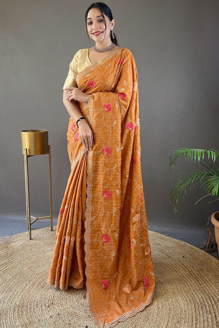 Pastel Orange Embroidered Work Tussar Silk Saree