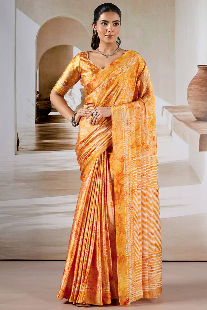 Pastel Orange Hand Prism Printed Satin Silk Saree