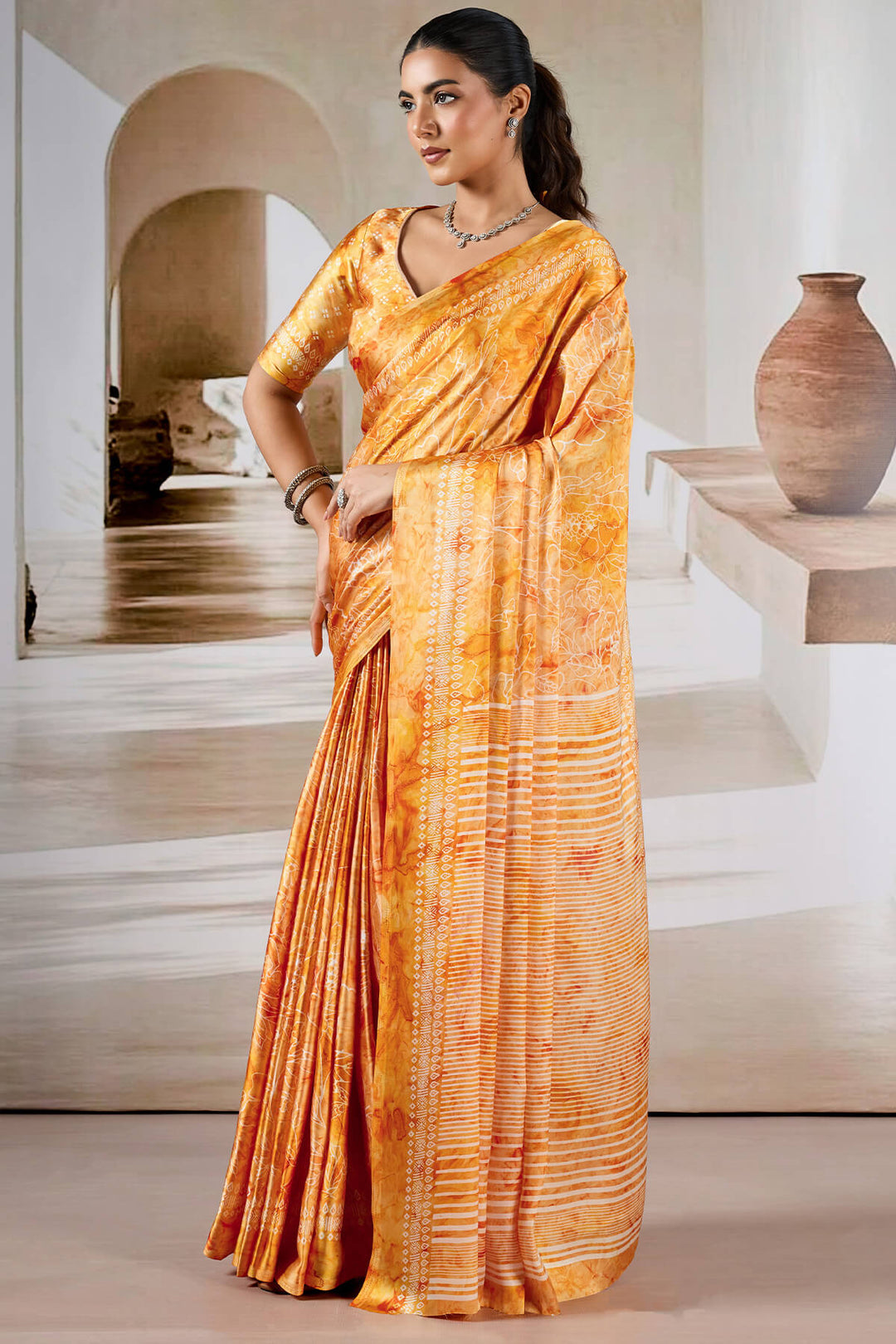 Pastel Orange Hand Prism Printed Satin Silk Saree