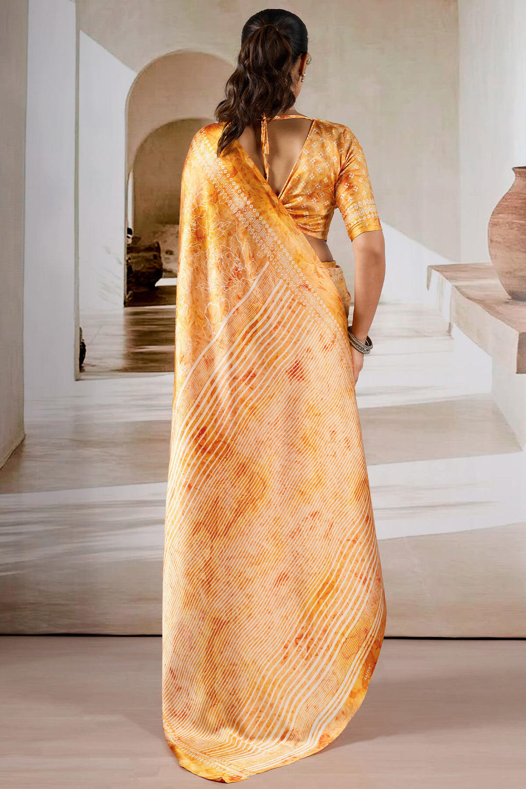 Pastel Orange Hand Prism Printed Satin Silk Saree
