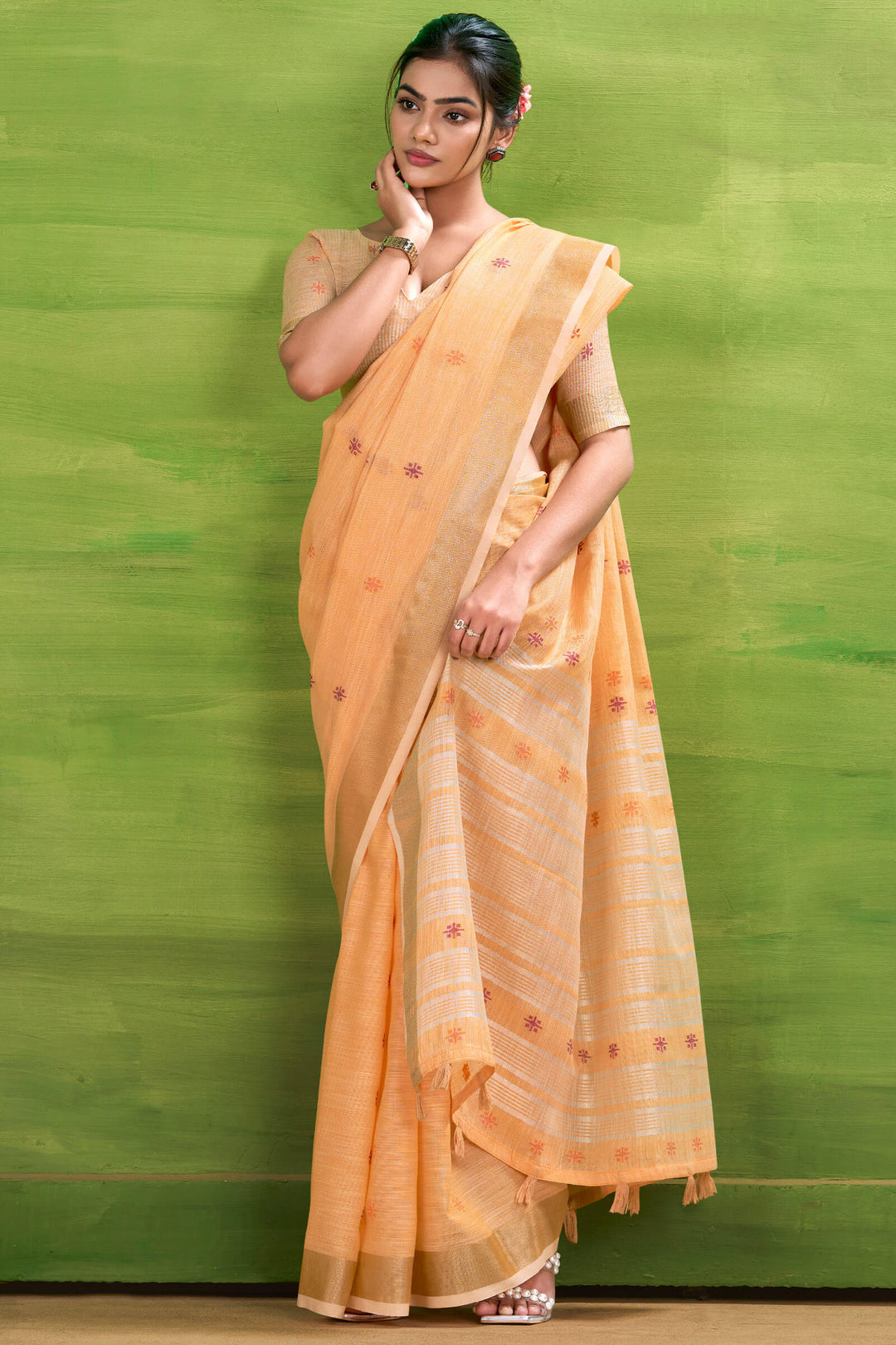 Pastel Orange Linen Silk Saree