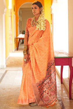 Pastel Orange Linen Tussar Silk Saree