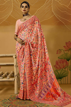 Pastel Peach Kashmiri Modal Pashmina Silk Saree