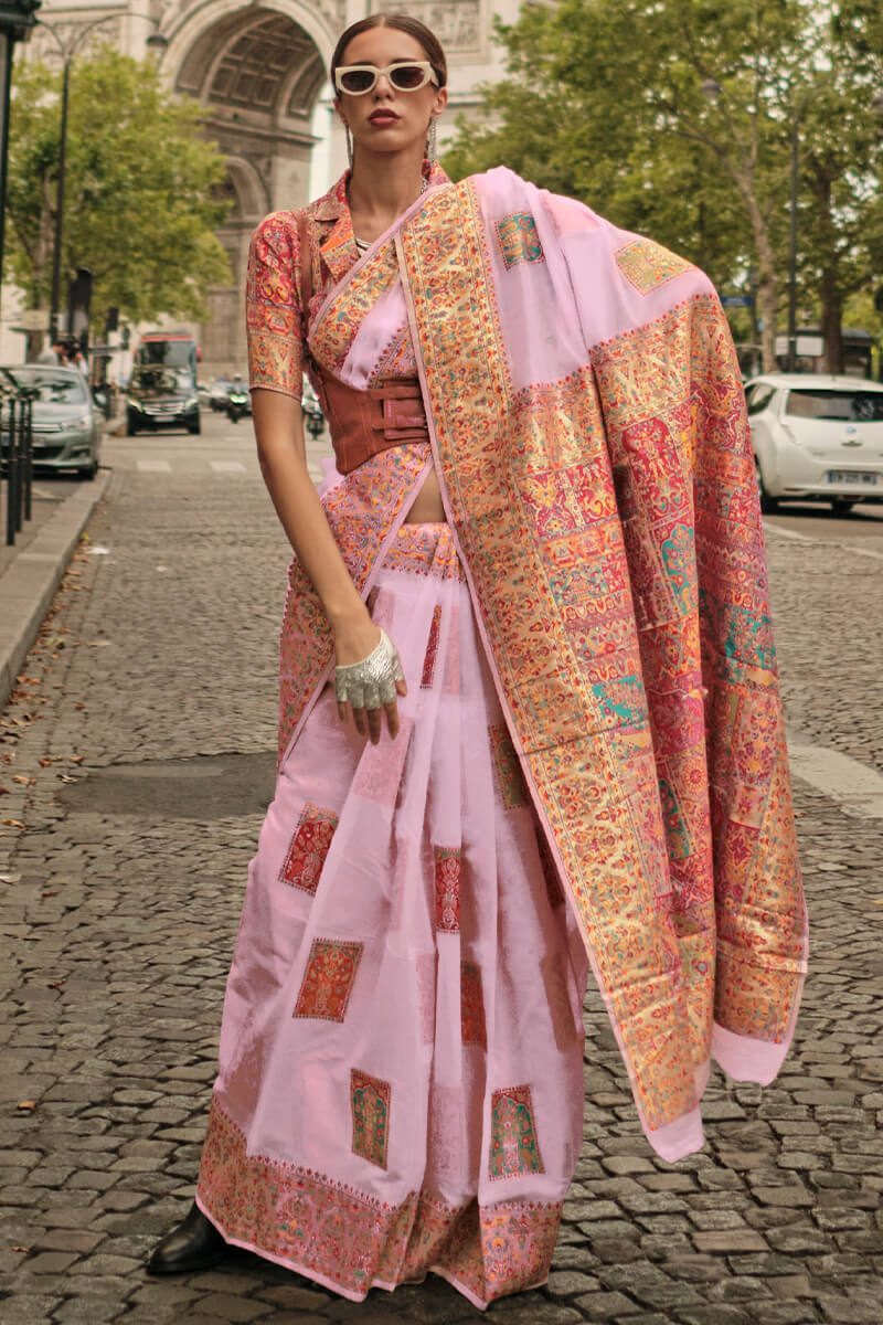 Pastel Pink Kashmiri Weaving Pashmina Silk Saree