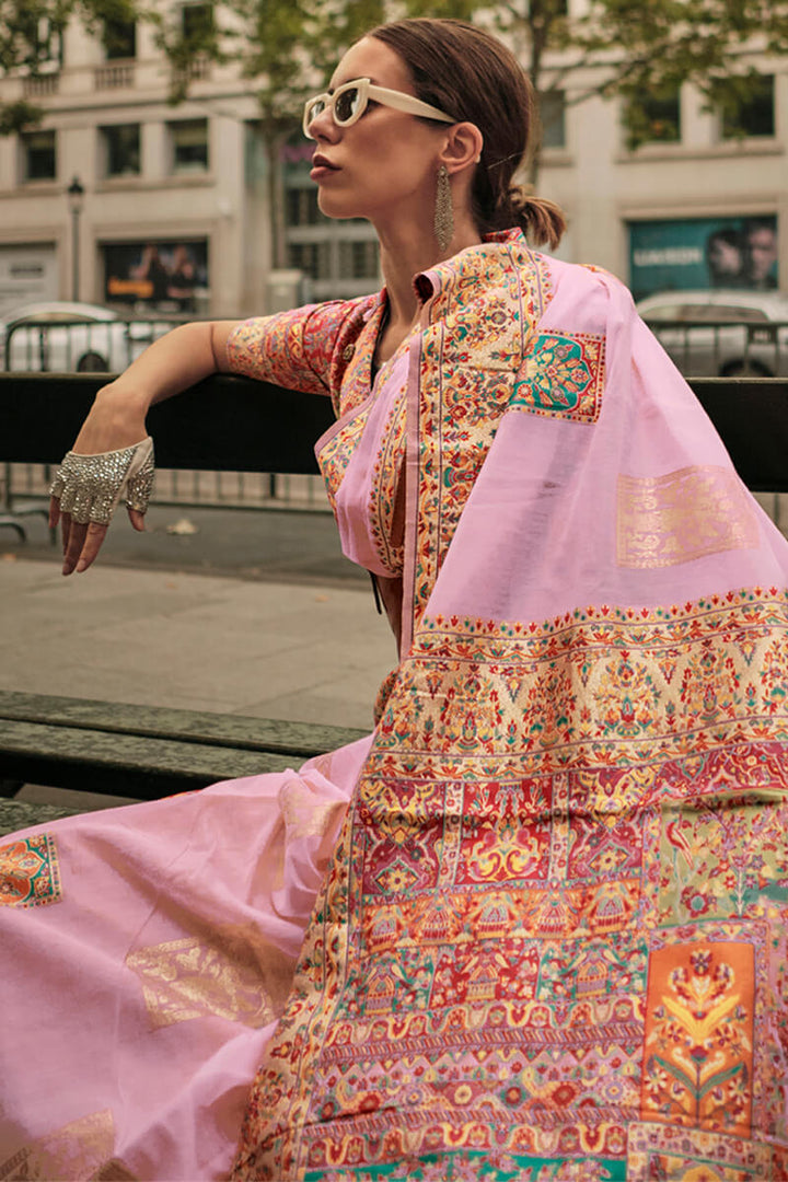 Pastel Pink Kashmiri Weaving Pashmina Silk Saree