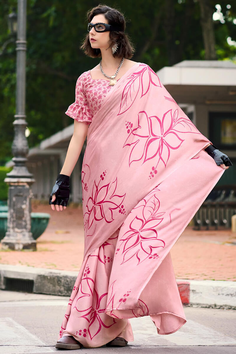 Pastel Pink Printed Satin Crape Silk Saree