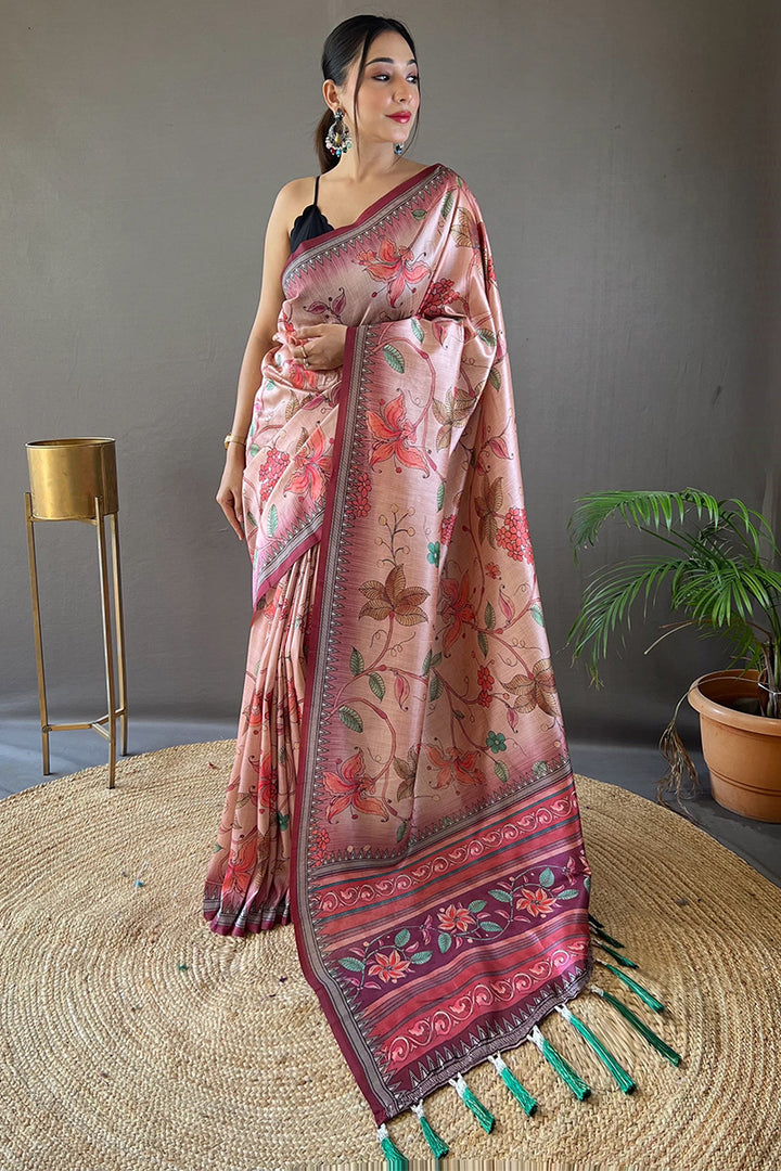 Pastel Pink Printed Soft Silk Saree