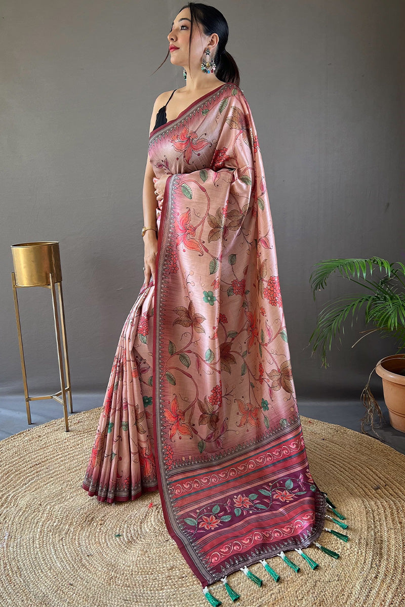 Pastel Pink Printed Soft Silk Saree