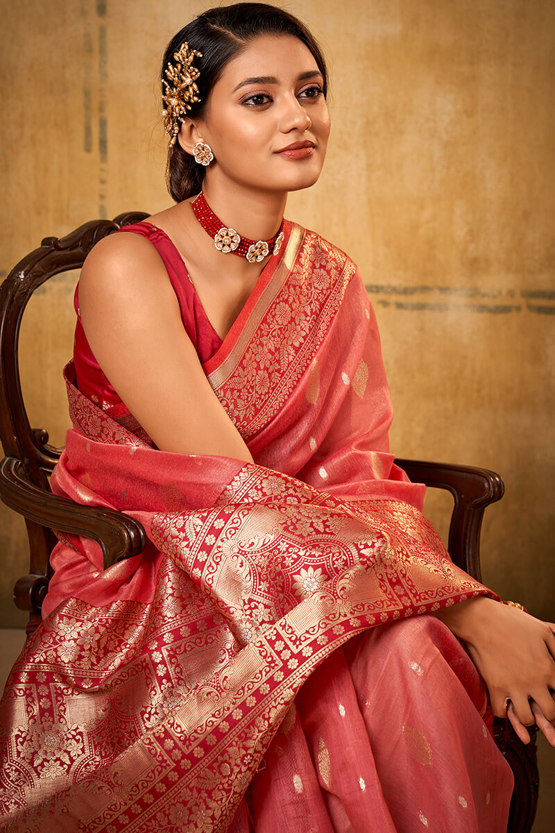Pastel Red Banarasi Silk Saree