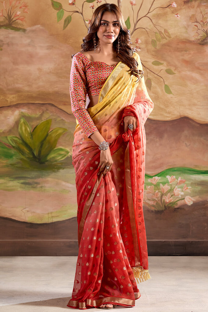 Pastel Red Georgette Banarasi Silk Saree