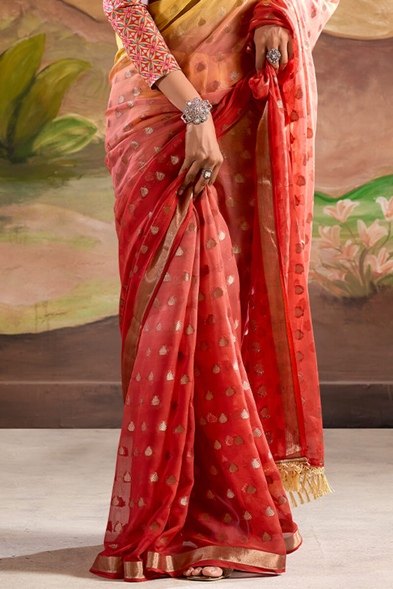 Pastel Red Georgette Banarasi Silk Saree