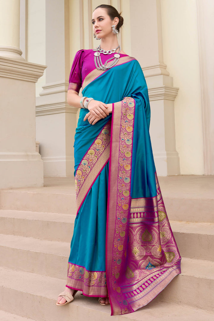 Patina Blue Soft Banarasi Silk Saree