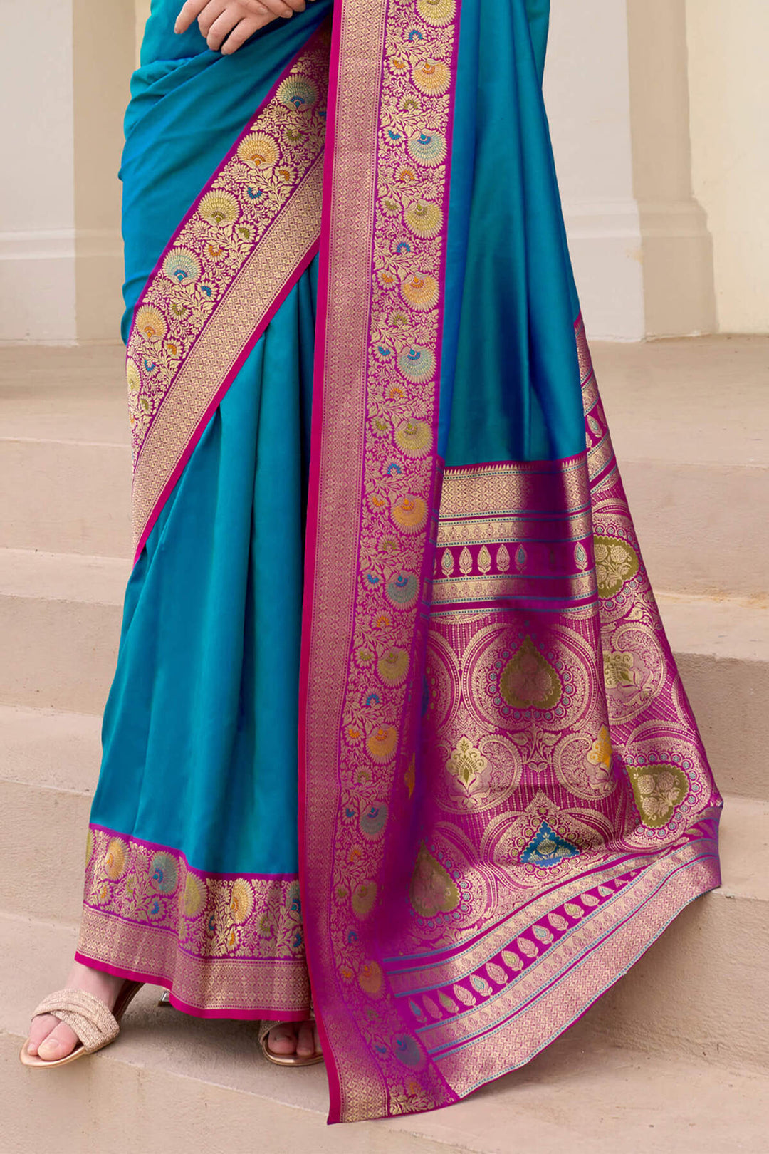 Patina Blue Soft Banarasi Silk Saree