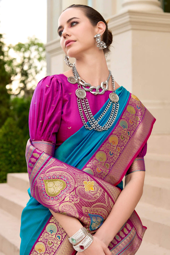Patina Blue Soft Banarasi Silk Saree